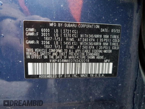 2022 Subaru Ascent Premium with VIN 4S4WMAED7N3422218, listed as a Copart auction lot 56030145 with 47,112 mi miles and Clean title. Bid and sale history available at DreamBid. Image 12.