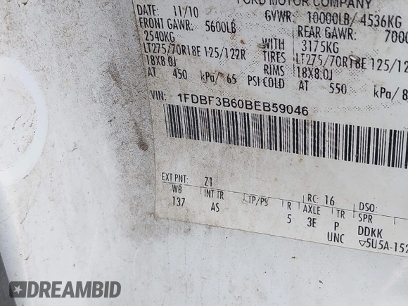 2011 Ford F-350 with VIN 1FDBF3B60BEB59046, listed as a IAAI auction lot 42391496 with 248,443 mi miles and . Bid and sale history available at DreamBid. Image 9.