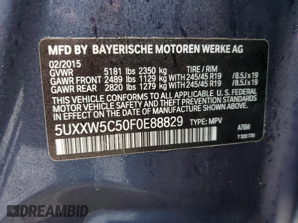 2015 BMW X4 xDrive35i with VIN 5UXXW5C50F0E88829, listed as a Copart auction lot 69464872 with 44,057 mi miles. Bid and sale history available at carsss.com. Image 12.