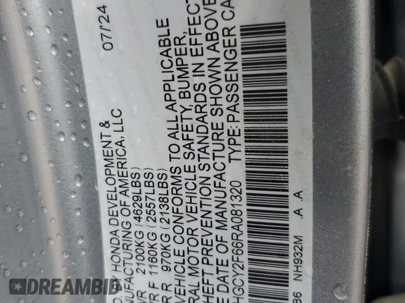 2024 Honda Accord EX-L с VIN 1HGCY2F66RA081320, выставлен на аукционе Copart как лот 57871735 с пробегом Не указан миль и Списание • Salvage title. История ставок и продаж доступна на DreamBid. Изображение 12.