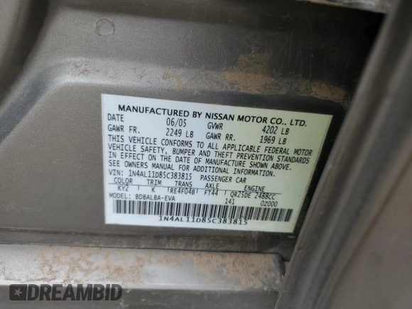 2005 Nissan Altima 2.5 with VIN 1N4AL11D85C383815, listed as a Copart auction lot 49218655 with 160,312 mi miles and Salvage Title. Bid and sale history available at carsss.com. Image 14.