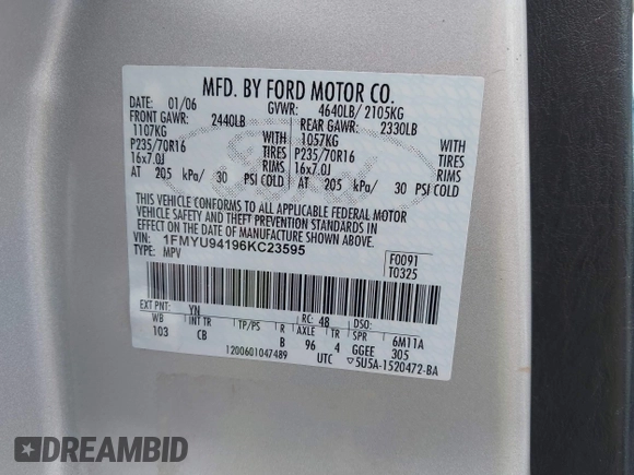 2006 Ford Escape Limited with VIN 1FMYU94196KC23595, listed as a IAAI auction lot 42737801 with 227,894 mi miles and . Bid and sale history available at DreamBid. Image 9.