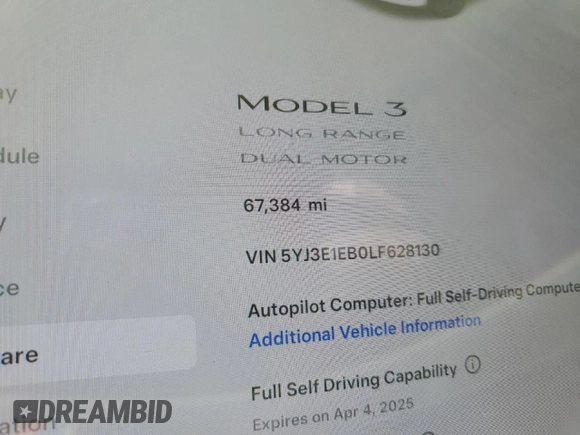 2020 Tesla Model 3 Long Range z VIN 5YJ3E1EB0LF628130, wystawiony jako Copart lot #50706955 z przebiegiem 67 384 mil mil oraz Szkoda całkowita • Salvage title. Historia ofert i sprzedaży dostępna na DreamBid. Obrazek 9.