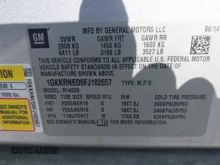 2015 GMC Acadia SLE with VIN 1GKKRNED8FJ182657, listed as a IAAI auction lot 41912524 with 162,134 mi miles and . Bid and sale history available at DreamBid. Image 9.