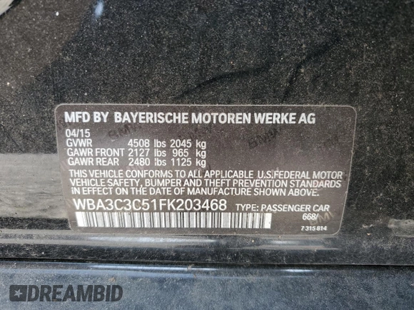 2015 BMW 3 Series 320i xDrive with VIN WBA3C3C51FK203468, listed as a Copart auction lot 60541515 with 19,476 mi miles and Salvage title. Bid and sale history available at DreamBid. Image 12.