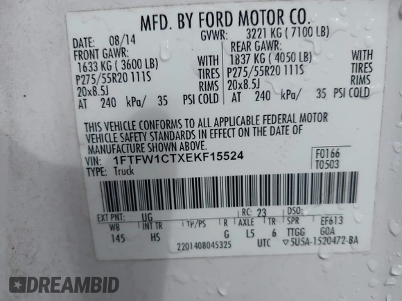 2014 Ford F-150 XL with VIN 1FTFW1CTXEKF15524, listed as a IAAI auction lot 42109740 with 154,554 mi miles and . Bid and sale history available at DreamBid. Image 9.