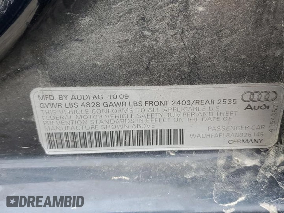 2010 Audi A4 2.0T Premium Plus with VIN WAUHFAFL8AN026145, listed as a Copart auction lot 72362704 with 0 mi miles and Salvage Title. Bid and sale history available at carsss.com. Image 15.