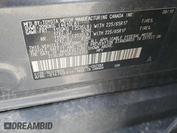 2019 Toyota RAV4 LE with VIN 2T3G1RFV0KC039352, listed as a Copart auction lot 62092395 with 62,800 mi miles and Salvage title. Bid and sale history available at DreamBid. Image 13.