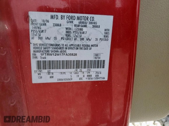 2007 Ford F-150 XLT с VIN 1FTRW12W17FA35828, выставлен на аукционе Copart как лот 57405435 с пробегом 147 881 миль миль и Списание • Salvage title. История ставок и продаж доступна на DreamBid. Изображение 12.