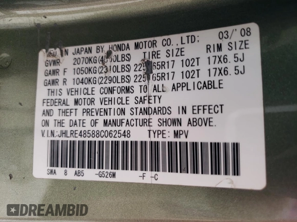 2008 Honda CR-V EX z VIN JHLRE48588C062548, wystawiony jako Copart lot #55308875 z przebiegiem 150 608 mil mil oraz Szkoda całkowita • Salvage title. Historia ofert i sprzedaży dostępna na DreamBid. Obrazek 13.
