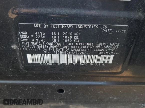 2010 Subaru Legacy Premium All-Weather Anniversary с VIN 4S3BMBC64A3226230, выставлен на аукционе Copart как лот 63325395 с пробегом Не указан миль и Списание • Salvage title. История ставок и продаж доступна на DreamBid. Изображение 12.