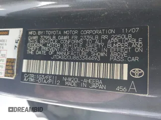 2008 Toyota Prius with VIN JTDKB20U883344493, listed as a IAAI auction lot 42002921 with 552,761 mi miles. Bid and sale history available at carsss.com. Image 9.