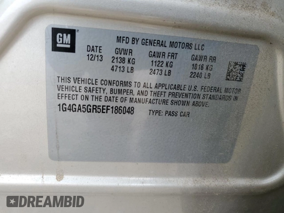 2014 Buick LaCrosse with VIN 1G4GA5GR5EF186048, listed as a Copart auction lot 57343484 with 139,188 mi miles and Salvage Title. Bid and sale history available at carsss.com. Image 12.