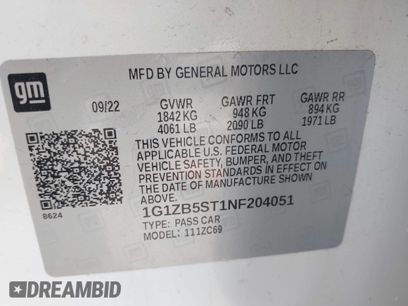 2022 Chevrolet Malibu LS with VIN 1G1ZB5ST1NF204051, listed as a IAAI auction lot 39838650 with Not Provided miles and . Bid and sale history available at DreamBid. Image 9.