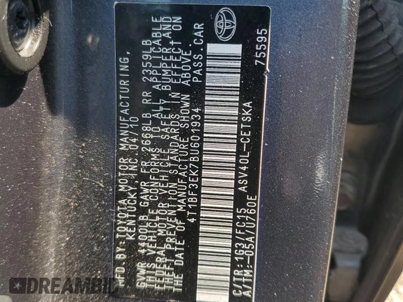 2011 Toyota Camry LE with VIN 4T1BF3EK7BU601934, listed as a Copart auction lot 59617635 with 172,987 mi miles and Salvage title. Bid and sale history available at DreamBid. Image 12.