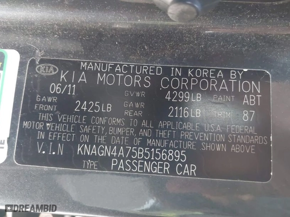 2011 Kia Optima EX with VIN KNAGN4A75B5156895, listed as a IAAI auction lot 41729991 with 151,348 mi miles. Bid and sale history available at carsss.com. Image 9.