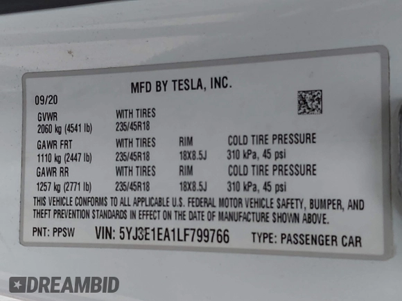 2020 Tesla Model 3 Standard Range Plus with VIN 5YJ3E1EA1LF799766, listed as a IAAI auction lot 41386508 with 90,000 mi miles. Bid and sale history available at carsss.com. Image 9.