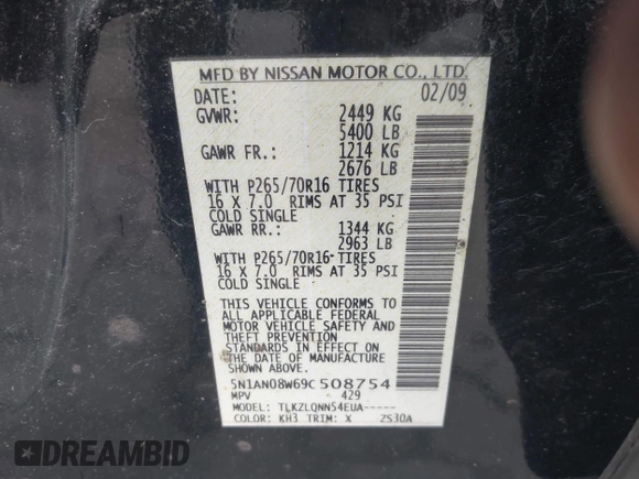 2009 Nissan Xterra X with VIN 5N1AN08W69C508754, listed as a IAAI auction lot 42471374 with 220,273 mi miles and . Bid and sale history available at DreamBid. Image 9.