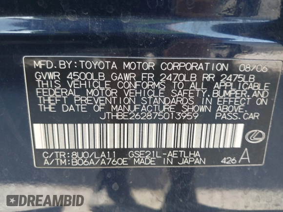 2007 Lexus IS 350 with VIN JTHBE262875013959, listed as a IAAI auction lot 42805045 with 230,765 mi miles and . Bid and sale history available at DreamBid. Image 9.