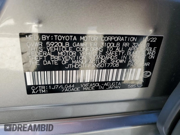 2022 Lexus LS 500 z VIN JTHD51FFXN5017708, wystawiony jako Copart lot #75569084 z przebiegiem 13 725 mil mil oraz Nie do naprawy • Non repairable. Historia ofert i sprzedaży dostępna na DreamBid. Obrazek 13.