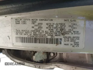 2000 Toyota 4Runner Limited z VIN JT3HN87R0Y9036323, wystawiony jako IAAI lot #42369188 z przebiegiem 283 128 mil mil oraz . Historia ofert i sprzedaży dostępna na DreamBid. Obrazek 9.