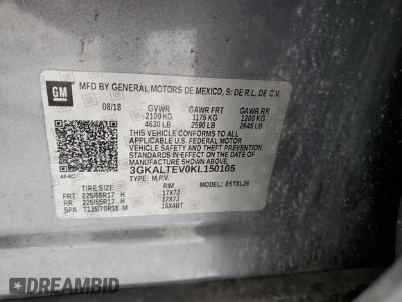 2019 GMC Terrain SLE with VIN 3GKALTEV0KL150105, listed as a Copart auction lot 42241765 with 99,928 mi miles and Salvage title. Bid and sale history available at DreamBid. Image 13.