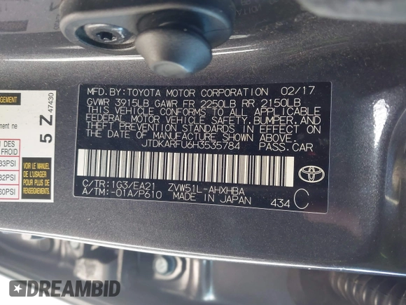 2017 Toyota Prius Two with VIN JTDKARFU6H3535784, listed as a IAAI auction lot 41271625 with 244,638 mi miles. Bid and sale history available at carsss.com. Image 9.