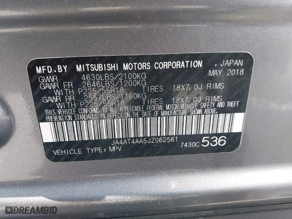 2018 Mitsubishi Eclipse Cross LE with VIN JA4AT4AA5JZ062561, listed as a IAAI auction lot 41572618 with 95,716 mi miles. Bid and sale history available at carsss.com. Image 9.