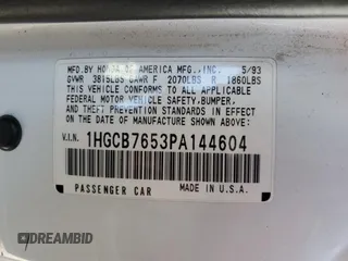 1993 Honda Accord with VIN 1HGCB7653PA144604, listed as a Copart auction lot 60893475 with 149,170 mi miles and Salvage title. Bid and sale history available at DreamBid. Image 12.