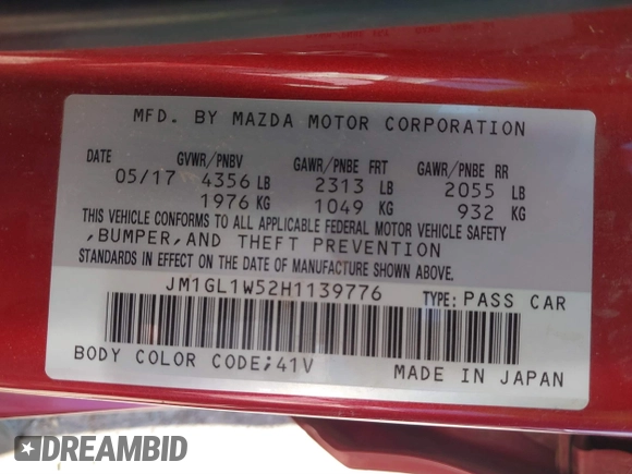 2017 Mazda 6 Grand Touring with VIN JM1GL1W52H1139776, listed as a IAAI auction lot 41671005 with 40,884 mi miles and . Bid and sale history available at DreamBid. Image 9.