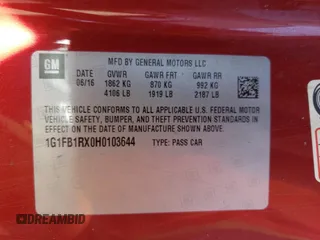 2017 Chevrolet Camaro 1LT z VIN 1G1FB1RX0H0103644, wystawiony jako Copart lot #55027655 z przebiegiem 103 232 mil mil oraz Szkoda całkowita • Salvage title. Historia ofert i sprzedaży dostępna na DreamBid. Obrazek 13.
