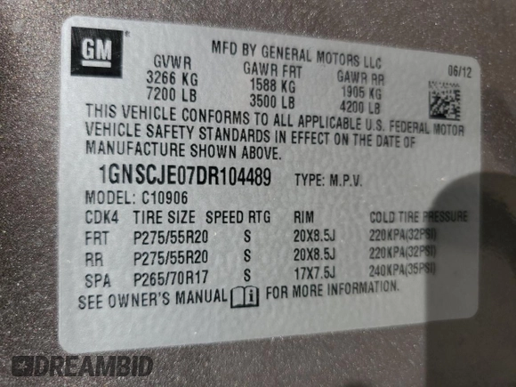 2013 Chevrolet Suburban LT with VIN 1GNSCJE07DR104489, listed as a Copart auction lot 60844784 with 185,420 mi miles and Salvage Title. Bid and sale history available at carsss.com. Image 13.