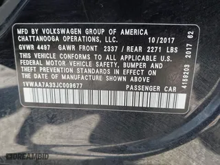 2018 Volkswagen Passat 2.0T S with VIN 1VWAA7A33JC009677, listed as a IAAI auction lot 41796723 with 63,151 mi miles. Bid and sale history available at carsss.com. Image 9.