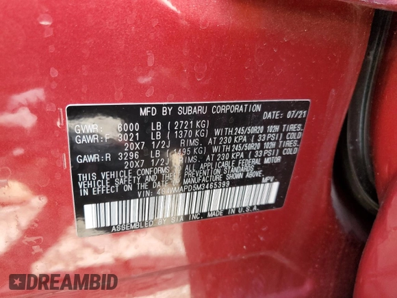 2021 Subaru Ascent Limited с VIN 4S4WMAPD5M3465399, выставлен на аукционе Copart как лот 55028055 с пробегом Не указан миль и Списание • Salvage title. История ставок и продаж доступна на DreamBid. Изображение 14.