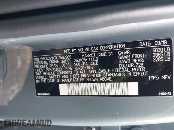 2020 Volvo XC90 Momentum с VIN YV4A221K0L1562969, выставлен на аукционе IAAI как лот 41313359 с пробегом 88 305 миль миль и . История ставок и продаж доступна на DreamBid. Изображение 9.