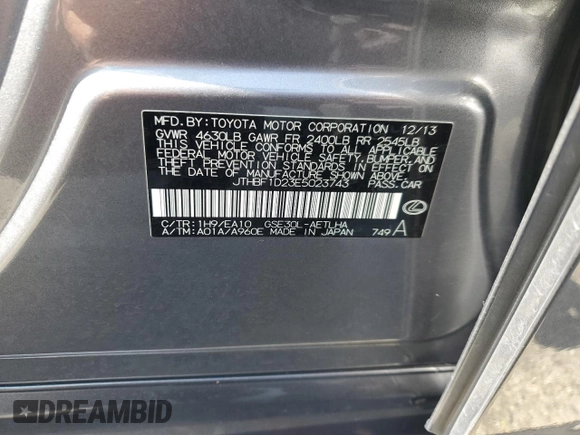2014 Lexus IS 250 with VIN JTHBF1D23E5023743, listed as a Copart auction lot 59330575 with 70,866 mi miles and Salvage title. Bid and sale history available at DreamBid. Image 12.
