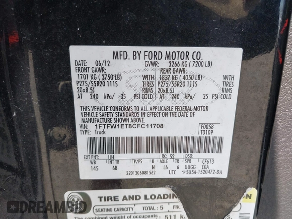 2012 Ford F-150 XL with VIN 1FTFW1ET8CFC11708, listed as a IAAI auction lot 42390539 with 170,725 mi miles and . Bid and sale history available at DreamBid. Image 9.