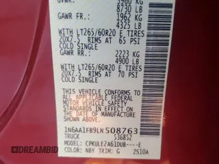 2020 Nissan Titan XD Platinum Reserve with VIN 1N6AA1FB9LN508763, listed as a Copart auction lot 46680825 with 560 mi miles and Salvage Title. Bid and sale history available at carsss.com. Image 12.