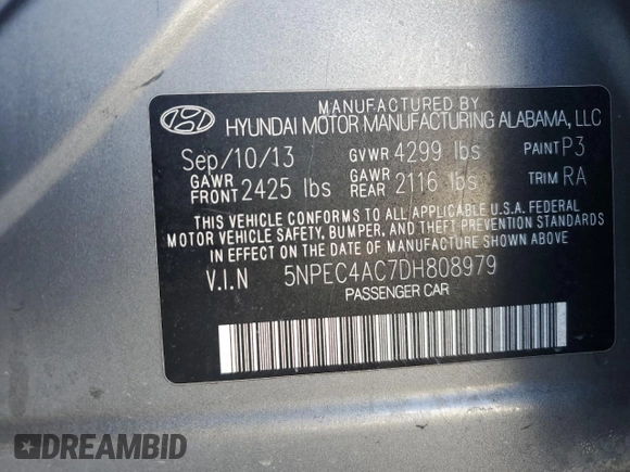 2013 Hyundai Sonata SE with VIN 5NPEC4AC7DH808979, listed as a Copart auction lot 45734105 with 131,908 mi miles and Salvage title. Bid and sale history available at DreamBid. Image 12.