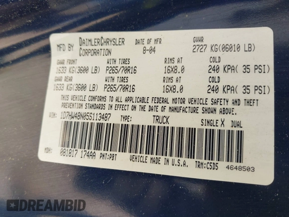 2005 Dodge Dakota SLT with VIN 1D7HW48N05S113487, listed as a IAAI auction lot 42029813 with 229,025 mi miles. Bid and sale history available at carsss.com. Image 9.