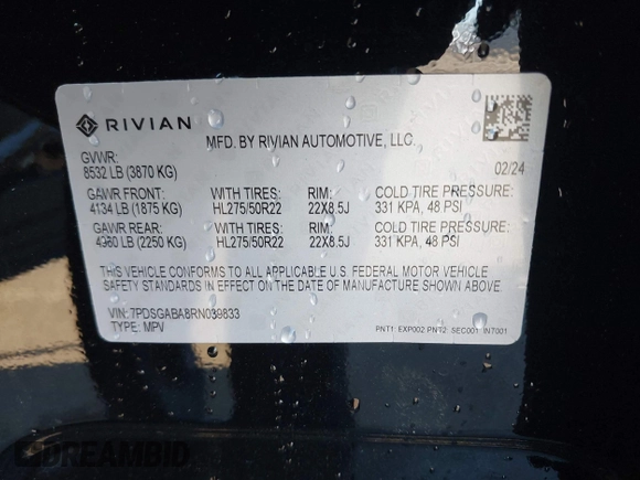 2024 Rivian R1S Adventure z VIN 7PDSGABA8RN039833, wystawiony jako IAAI lot #41867083 z przebiegiem Nie podano mil oraz . Historia ofert i sprzedaży dostępna na DreamBid. Obrazek 9.