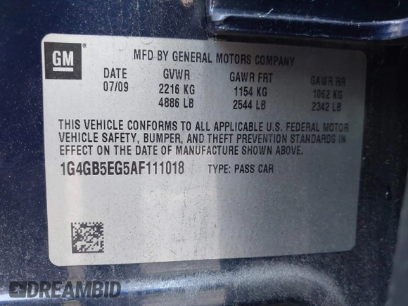 2010 Buick LaCrosse CX with VIN 1G4GB5EG5AF111018, listed as a IAAI auction lot 42385714 with 110,024 mi miles and . Bid and sale history available at DreamBid. Image 9.