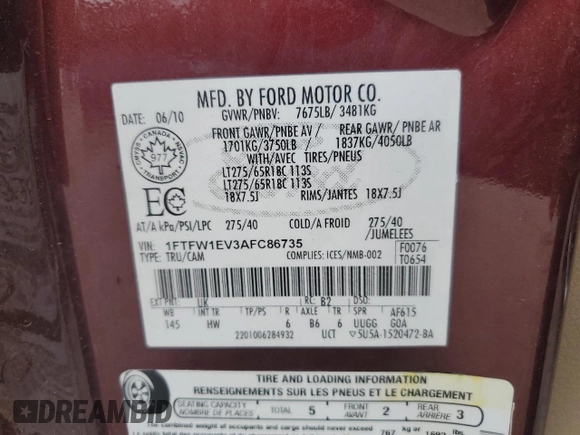 2010 Ford F-150 XL with VIN 1FTFW1EV3AFC86735, listed as a Copart auction lot 61460825 with 190,144 mi miles and Clean title. Bid and sale history available at DreamBid. Image 12.