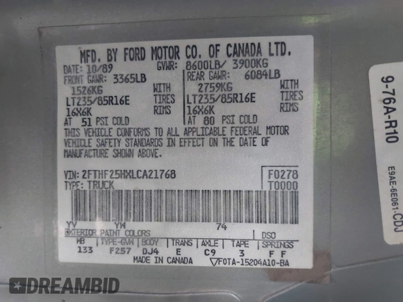 1990 Ford F-250 с VIN 2FTHF25HXLCA21768, выставлен на аукционе IAAI как лот 42224384 с пробегом 90 158 миль миль и . История ставок и продаж доступна на DreamBid. Изображение 9.