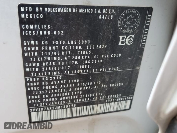2018 Volkswagen Tiguan SEL с VIN 3VV2B7AX2JM149176, выставлен на аукционе Copart как лот 62176525 с пробегом 139 556 миль миль и Списание • Salvage title. История ставок и продаж доступна на DreamBid. Изображение 13.