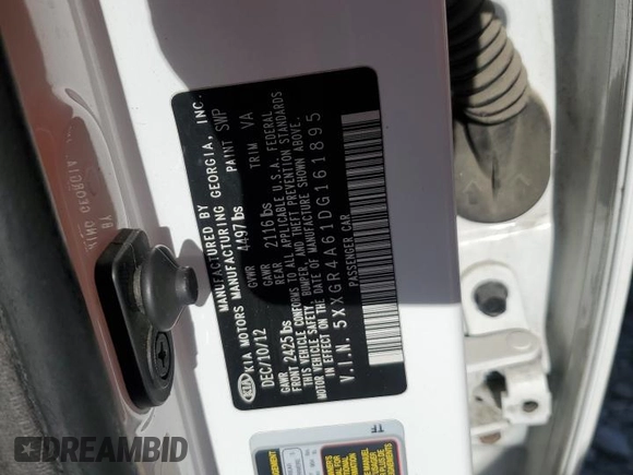 2013 Kia Optima SX with VIN 5XXGR4A61DG161895, listed as a Copart auction lot 59334945 with Not provided miles and Salvage title. Bid and sale history available at DreamBid. Image 12.