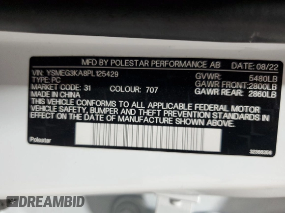 2023 Polestar 2 z VIN YSMEG3KA8PL125429, wystawiony jako Copart lot #57710415 z przebiegiem 38 574 mil mil oraz Czysty tytuł • Clean title. Historia ofert i sprzedaży dostępna na DreamBid. Obrazek 12.
