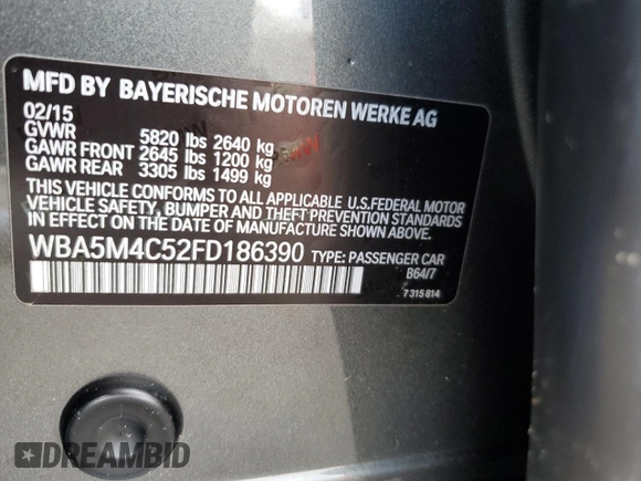 2015 BMW 5 Series 535i Gran Turismo xDrive with VIN WBA5M4C52FD186390, listed as a Copart auction lot 64418354 with 81,058 mi miles and Salvage title. Bid and sale history available at DreamBid. Image 14.