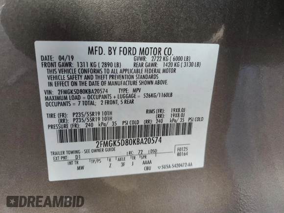 2019 Ford Flex Limited with VIN 2FMGK5D80KBA20574, listed as a Copart auction lot 45987945 with 68,210 mi miles and Salvage Title. Bid and sale history available at carsss.com. Image 13.