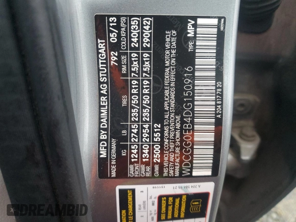 2013 Mercedes-Benz GLK 250 with VIN WDCGG0EB4DG150916, listed as a Copart auction lot 43178685 with 188,000 mi miles and Salvage Title. Bid and sale history available at DreamBid. Image 12.